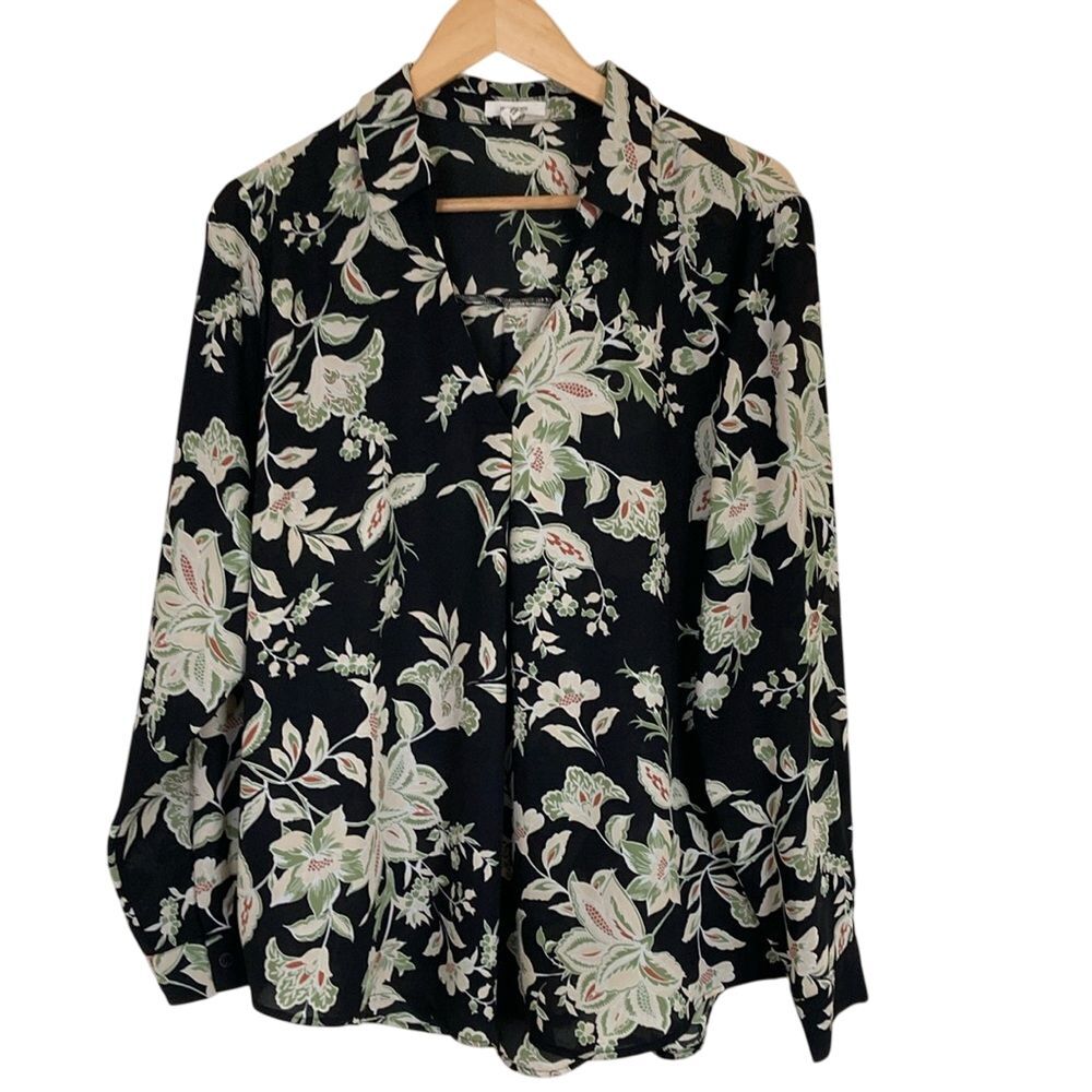 Maurices Womens Popover Blouse XL Long Sleeve Black Floral‎ Career